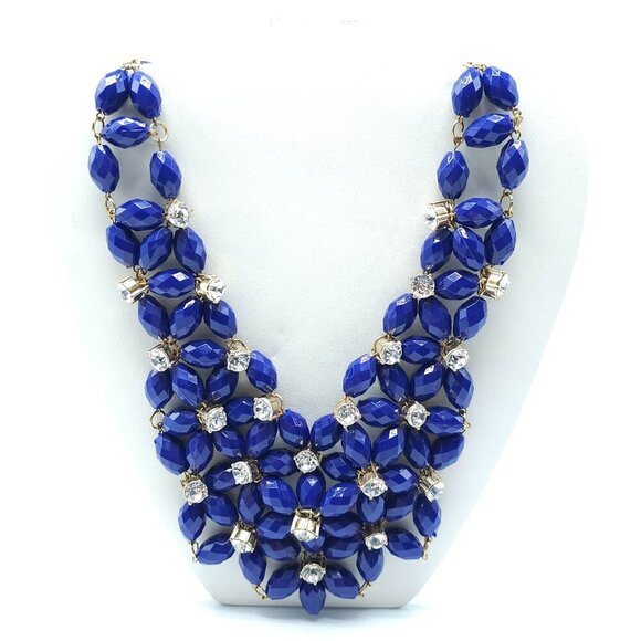 Statement Acrylic Blue Beaded Necklace With Gold Tone Chain Rhinestone Accents - Picture 2 of 5